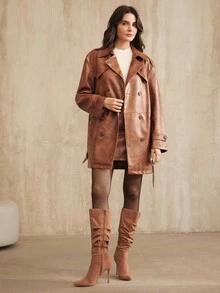 Anewsta Abrigo minimalista y elegante de mujer de doble botonadura, marrón y brillante, de longitud media. Chaqueta cortavientos para mujer, otoño/invierno - Café integral - Ver 7