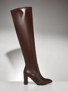 SHUZIA Stivali sopra il ginocchio da donna alla moda e comodi, in materiale elasticizzato con tacco a blocco - Marrone Cioccolato - Visualizzare 4