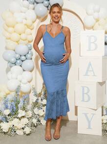 Loomaby Maternity Floral Lace Fishtail Hem Fitted Elegant Camisole Dress,Blue Maternity Dress,Maternity Dress Baby Shower - Blue - View 5