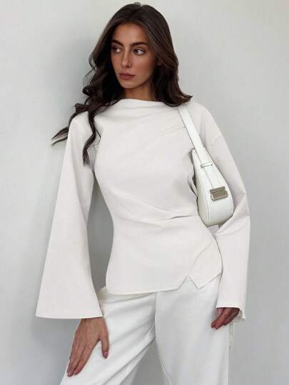 Aloruh 女士船领喇叭袖短款褶皱OL衬衫，秋季上衣，优雅女式衬衫