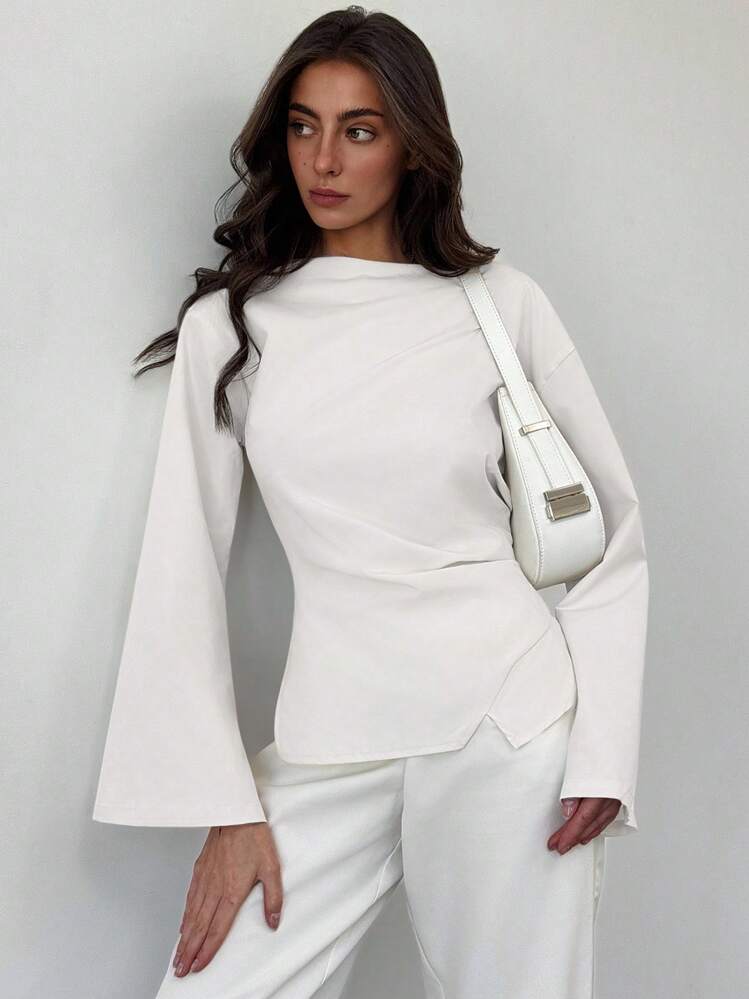 Aloruh 女士船领喇叭袖短款褶皱OL衬衫，秋季上衣，优雅女式衬衫 - 白色 - 查看 1