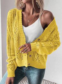 EMERY ROSE Casual Versatile Solid Color Hollow Out Knit Cardigan Knitted Casual Spring Fall Winter - Yellow - View 4