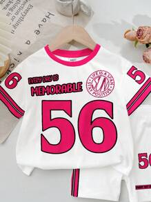 SHEIN Set 2 buc. Ținută sport casual pentru fete, cu numărul 56, imprimeu cu sloganul "Every Day Is Memorable", mâneci colorate, tricou cu mânecă scurtă și pantaloni scurți de ciclism, potrivită pentru vară, sport, fitness, ținute casual și ocazii sociale. - Multicolor - Vizualizare 5