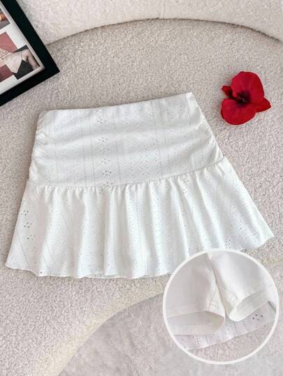 Falda mini acanalada de línea A, de punto blanco, casual y versátil para vacaciones, adecuada para todas las estaciones, para niñas preadolescentes