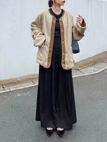 FRIFUL Áo khoác cổ tròn cổ điển chất liệu giả lông cừu Colorblock dáng rộng cho nữ, Áo khoác mùa đông cho nữ - Màu be - Xem 3