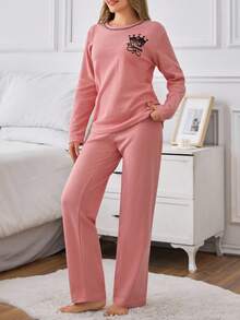 EURMUSE 女士棉质两件套撞色印花细节家居服长袖衬衫和裤子舒适休闲睡衣套装 - 珊瑚粉 - 查看 3