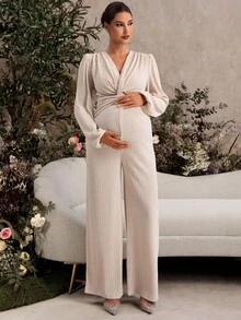 SHEIN 孕妇纯色扭腰灯笼袖阔腿连体裤 - 灰色 - 查看 3