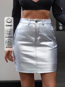 RueChic Women Silver Pocket Detailed Short Skirt - Silver - View 1
