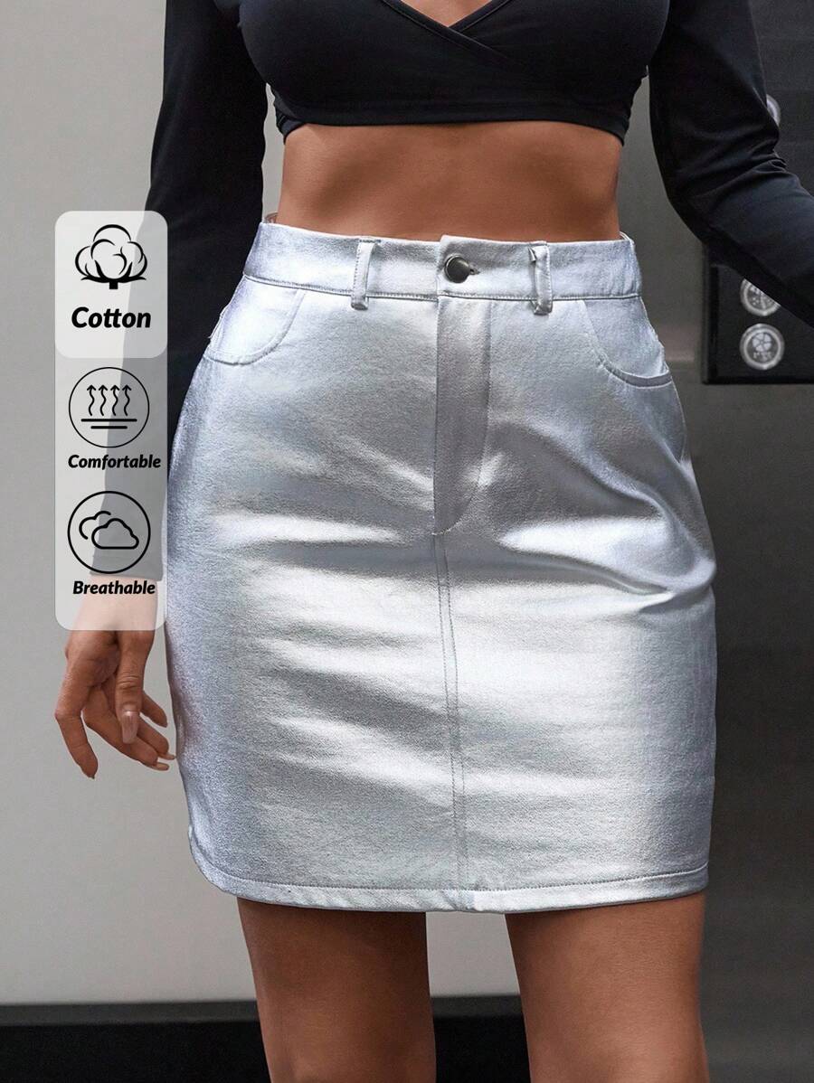 RueChic Women Silver Pocket Detailed Short Skirt - Silver - View 1