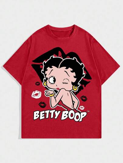 Betty Boop | ROMWE قميص تي-شيرت رجالي كرتوني بطبعات وحروف بياقة مستديرة وأكمام قصيرة باللون الأحمر