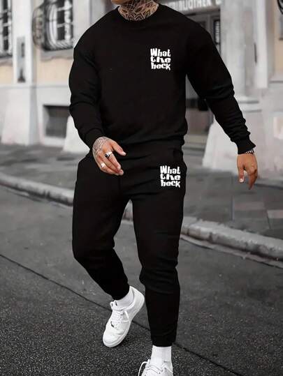 Manfinity Homme 2 件男士休闲标语印花运动衫和运动裤套装男士 2 件套运动服男士黑色两件套慢跑套装男士慢跑服 2 件套男士，是送给男朋友或丈夫的绝佳礼物，秋季服装