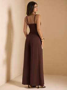 Mono de mujer de color marrón chocolate con tirantes finos y pernera ancha,Mono elegante de unicolor para verano,Cenas,Fiestas de cóctel,Vacaciones & Citas - Marrón - Ver 2