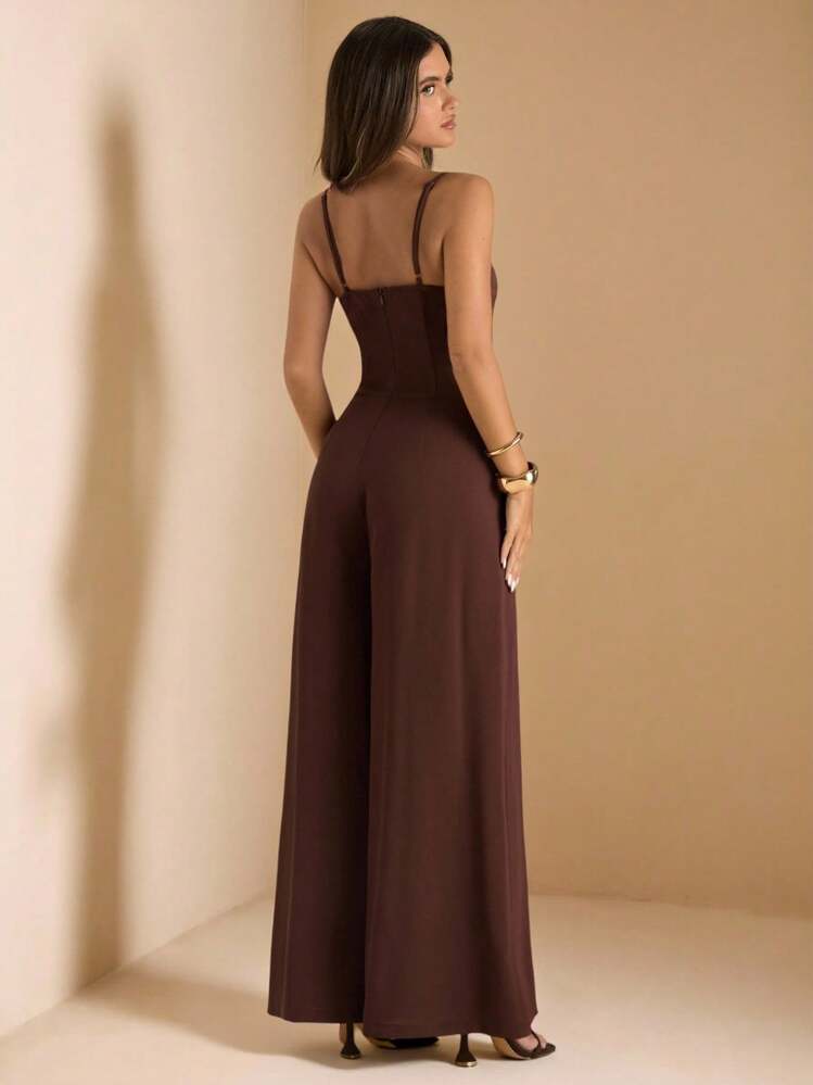 SHEIN BAE Women's Chocolate Brown Spaghetti Strap Wide Leg