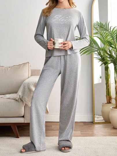Cotton Women Contrast Colour Lettered Long Sleeve Shirt&Pants Homewear Comfort Lounge Set For Ladies Grey Pajama Set Womens Pajama Set Womens Lounge Set Sleepwear Set Women Long Sleeve Lounge Set