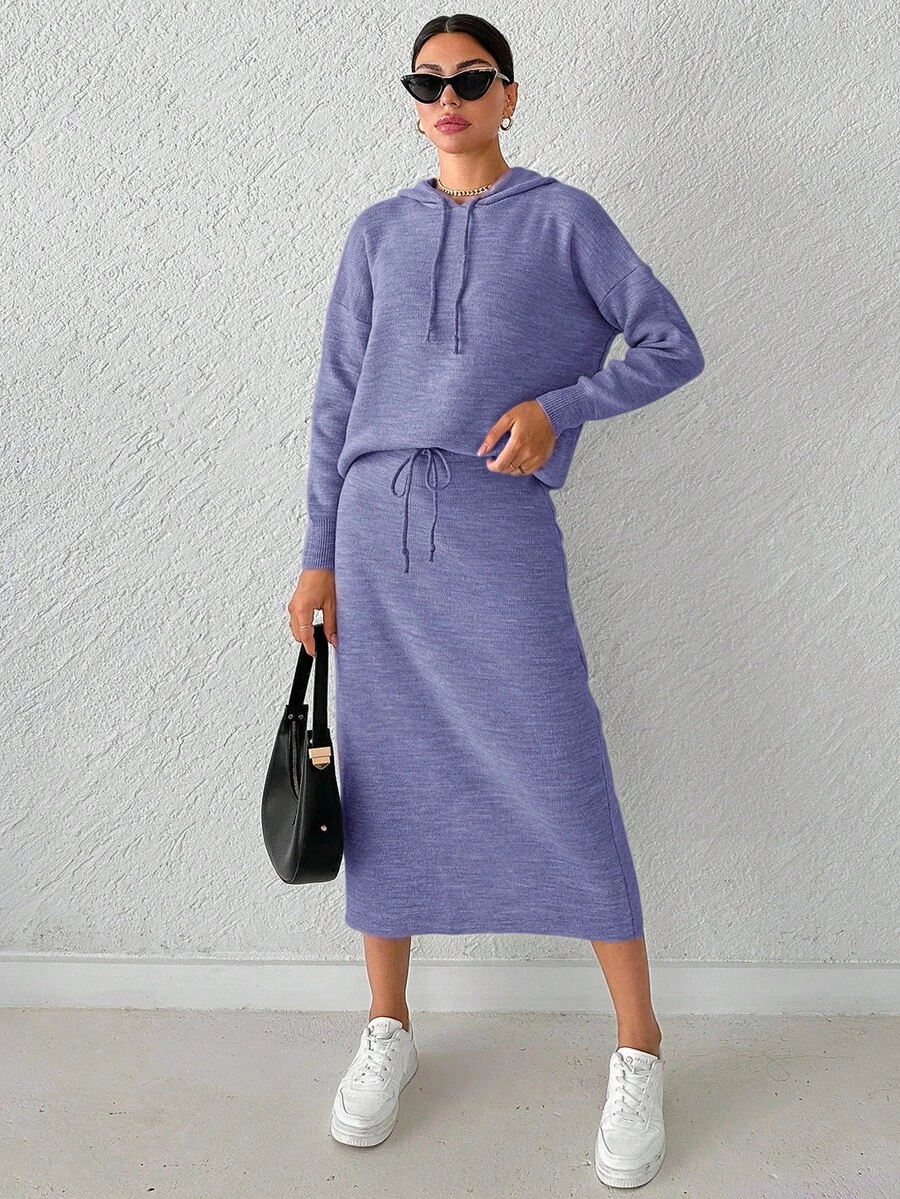 SHEIN Cottnline Ladies' Solid Color Drawstring Hooded Sweater And Knitted Skirt Two Piece Set - Lilac Purple - View 1