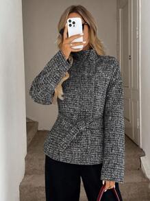 Easowa Women's Casual & Commute Overcoat,Tweed Jacket,Black And White,Autumn,Elegant,Office Turtleneck Sweater Tops Winter Jacket For Women - Dark Grey - View 4