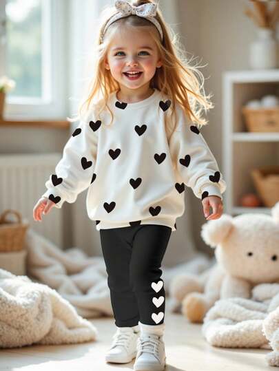 SHEIN 2 件年轻女孩可爱甜美心形印花休闲圆领长袖运动衫和紧身裤套装，适合秋冬季情人节年轻女孩