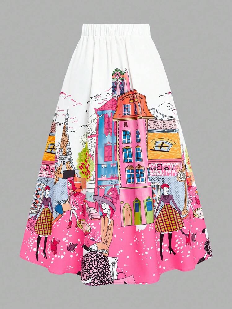 EMERY ROSE Falda casual con estampado arquitectónico para mujer talla grande - Multicolor - Añade 2