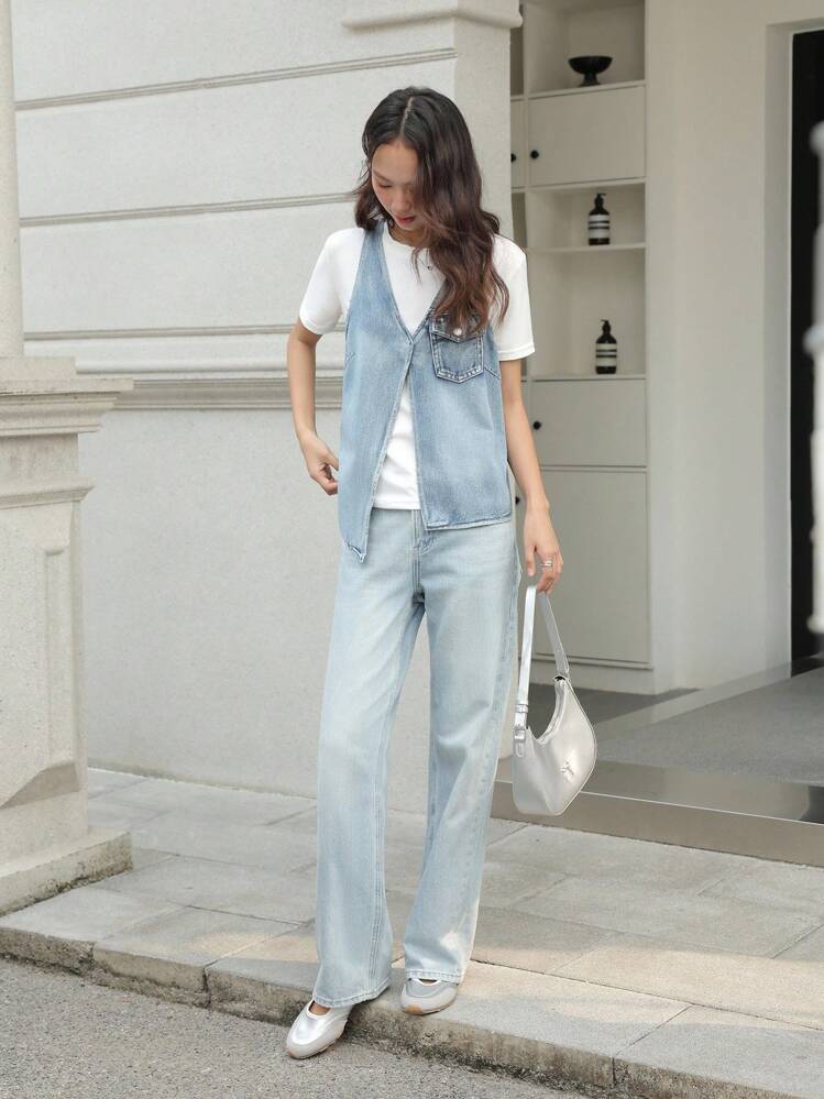 SHEIN EZwear 女士怀旧水洗蓝色度假牛仔上衣，V领口袋夏季无袖牛仔背心 - 中等水洗藍 - 查看 6