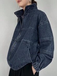 FRIFUL 女式落肩长袖前拉链宽松休闲牛仔夹克超大牛仔夹克女式牛仔夹克拉链牛仔夹克牛仔飞行员夹克女式牛仔裤 - 藍色 - 查看 2