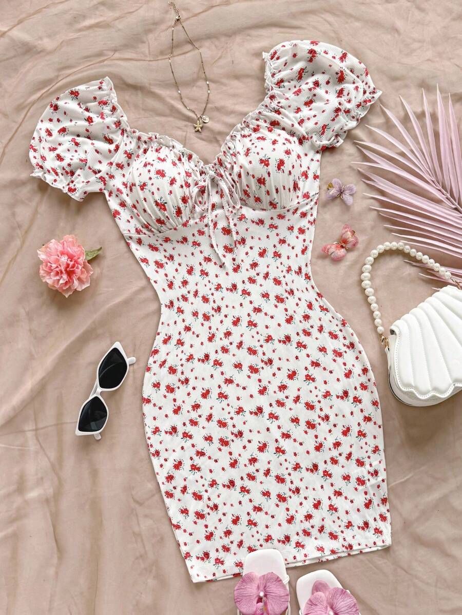 Soleia 碎花前打結褶邊泡泡袖緊身連衣裙 - 彩色 - 查看 1