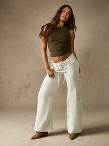 MISSGUIDED Quần jean ống rộng buộc dây phía trước, cạp cao, quần denim trắng dáng rộng, thiết kế cổ điển, thời trang mùa thu cho nữ, phong cách phương Tây, lễ hội Boho Hippie - trắng - Xem 3