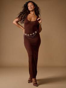 MISSGUIDED Women Knit Maxi Dress Bodycon Silhouette Sleeveless Ribbed Tank Style With Metallic Chain Belt Scoop Neck Floor Length Fall Winter Party Cocktail Evening