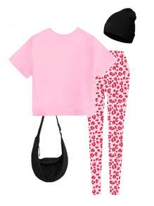 Setelan 2 Potong untuk Anak Perempuan: Kaos Grafis Motif Leopard Pink dengan Hiasan Pita dan Legging, Pakaian Sekolah Kasual untuk Anak Perempuan Remaja. - MultiWarna - View 2