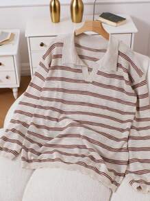 Manfinity Casual Fashionable Versatile Striped Long Sleeve Men's Polo Shirt - Khaki - View 3