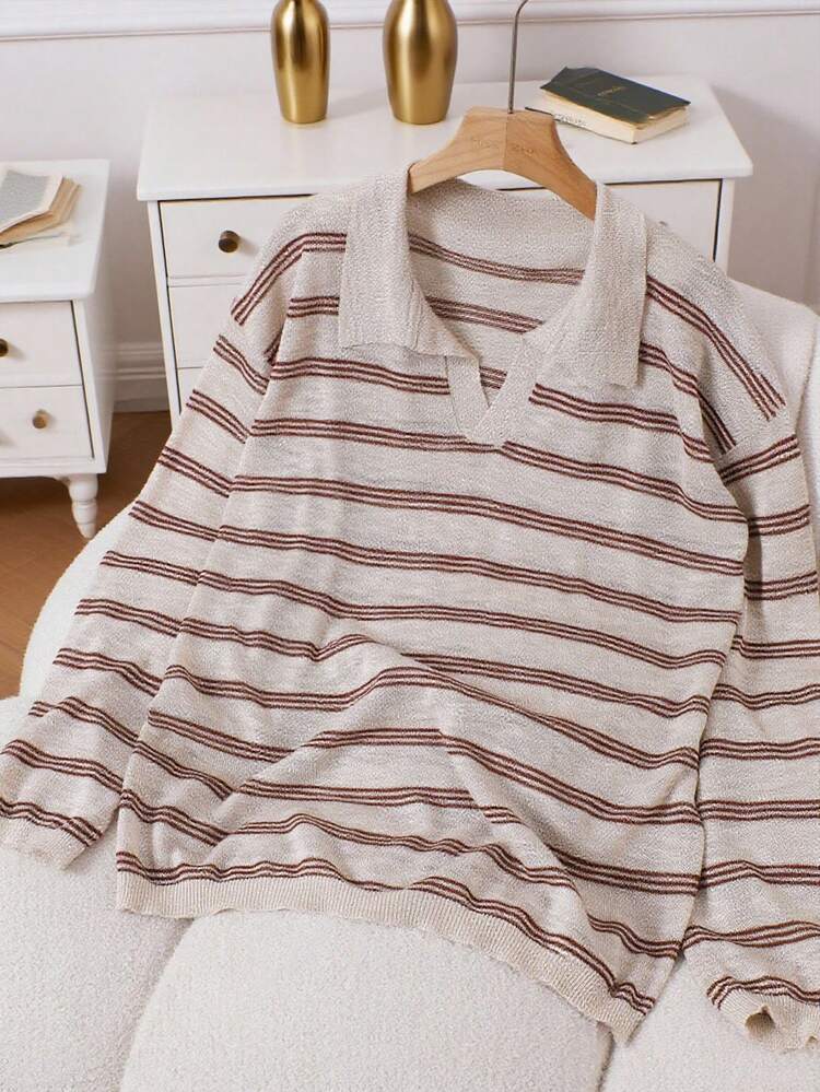 Manfinity 休闲时尚百搭条纹长袖男士 Polo 衫 - 卡其色 - 查看 3