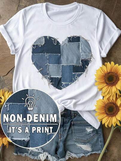 INAWLY Solva T-shirt casual à col rond, manches courtes, avec appliqué en forme de cœur, pour femmes grandes tailles