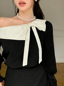 DAZY 女式秋季拼色不对称领中长连衣裙 - 黑色 - 查看 4