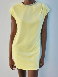 Maija Vestido mini de mujer de unicolor, minimalista, de uso diario, con cuello redondo y manga corta - Amarillo - Ver 6