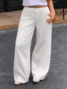 Dazy Plus 大码女式直筒长款白色牛仔裤，四季休闲 - 白色 - 查看 4