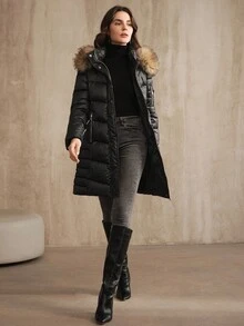 Anewsta Áo khoác cổ lông sang trọng có mũ trùm đầu bằng vải satin, túi khóa kéo kim loại - màu đen - Xem 6