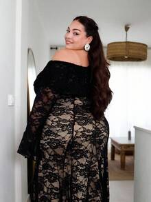 Pretty and Ole Đầm ren ôm sát hở vai cổ bèo nhún - màu đen - Xem 7