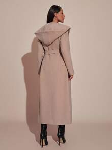 EURMUSE 女式休闲纯色长款大衣（配腰带） - 米色 - 查看 2