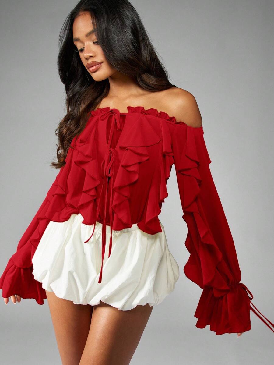 MISSGUIDED Chiffon Off-Shoulder Bodysuit mit Rüschen, Puffärmeln und Bubbleausschnitt für Partys, Festivals, Abende, festliche Anlässe, Strand und Urlaub, Sommerbekleidung