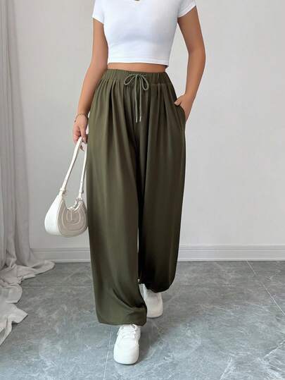 EMERY ROSE Pantalon élégant pour femmes à taille haute, élastique, avec cordon de serrage, coupe ample et décontractée