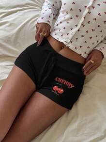 Comfortcana Black Cherry Print Drawstring Waistband Skinny Shorts,Comfy Shorts - Black - View 3