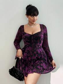 Viva Relle 大码女式花卉印花植绒 V 领喇叭袖荷叶边下摆迷你连衣裙，适合秋季、冬季、机场旅行、派对、正式、性感、露背、复活节、浪漫 - 彩色 - 查看 4