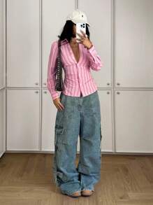 StreetHx Women's Single-Breasted Long Sleeve Casual Striped Slim Fit Shirt Fall Cloth For Women - Pink - View 5