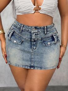 SHEIN Unity Plus Size Denim Sexy Hollow Waist Mini Skirt - Blue - View 1
