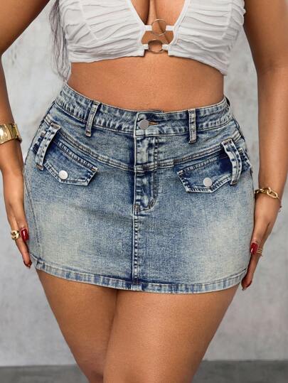 Slaydiva Plus Size Denim Sexy Hollow Waist Mini Skirt