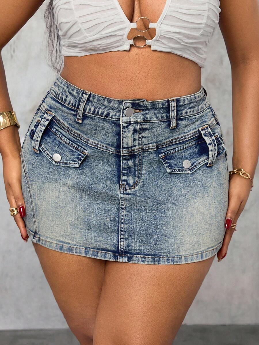 SHEIN Unity Plus Size Denim Sexy Hollow Waist Mini Skirt - Blue - View 1