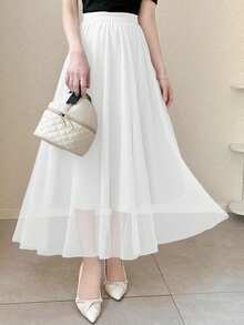 FRIFUL Women's Elastic Waist Polka Dot Mesh Skirt - White - View 1