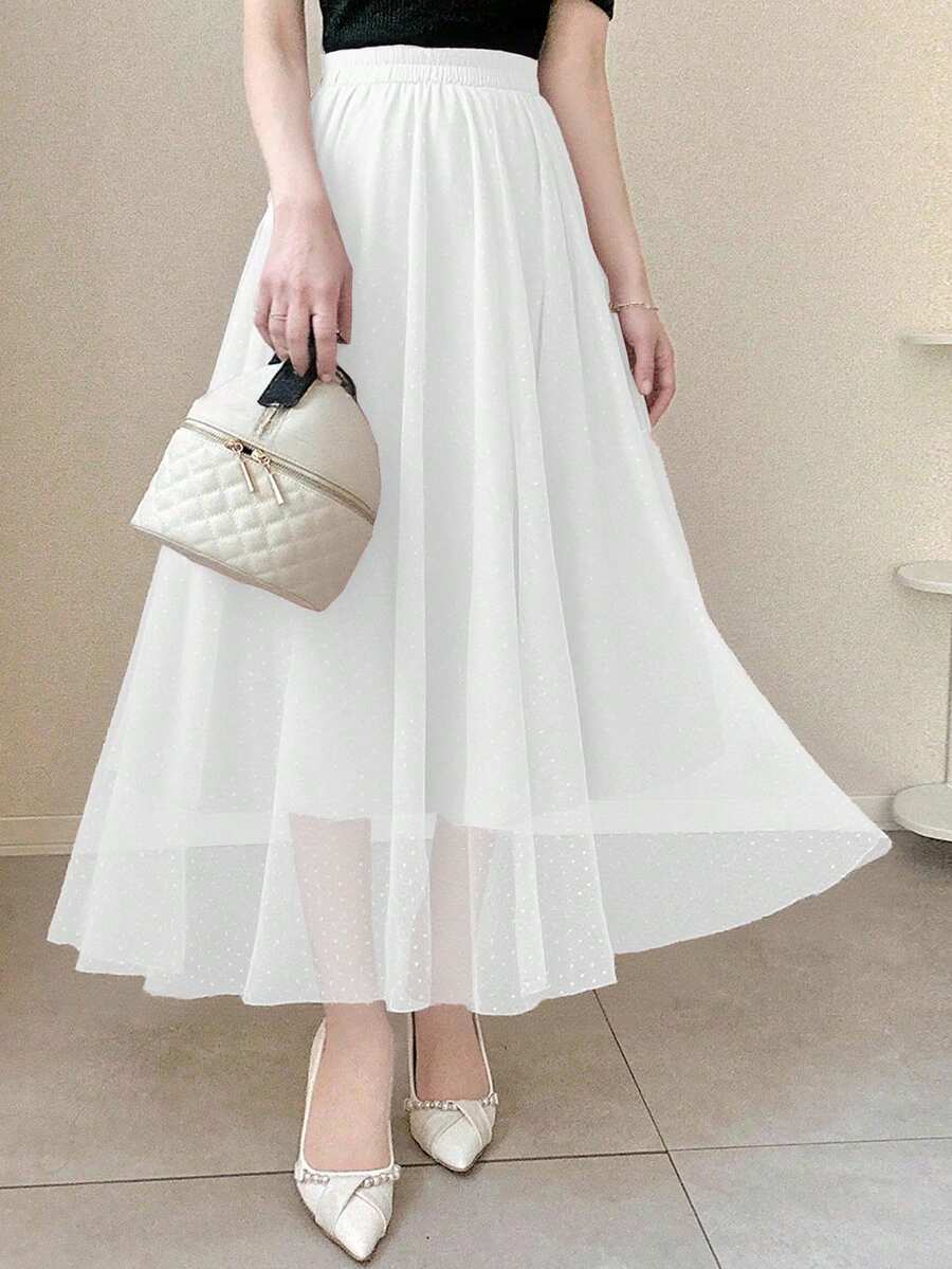 FRIFUL Women's Elastic Waist Polka Dot Mesh Skirt - White - View 1