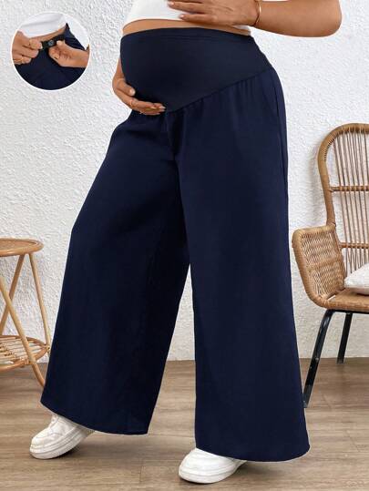 SHEIN Pantalones anchos casuales de pierna ancha con cintura ajustable para maternidad de talla grande