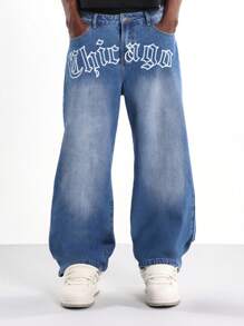 SUMWON Wide Leg Gothic Script Text Print Loose Fit Baggy Skater Style Street Fashion Denim Jeans For Casual Wear Fall Winter Collection - Blue - View 5