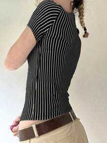 INAWLY 女式黑白条纹短袖修身衬衫 - 黑色 - 查看 2